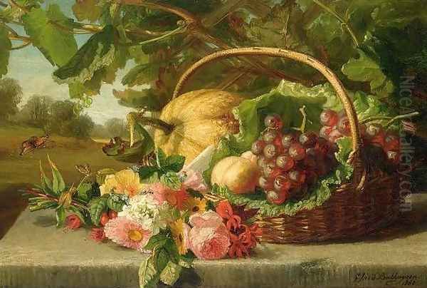 Still Life with Flowers, Grapes and a Melon Oil Painting by Geraldine Jacoba Van De Sande Bakhuyzen