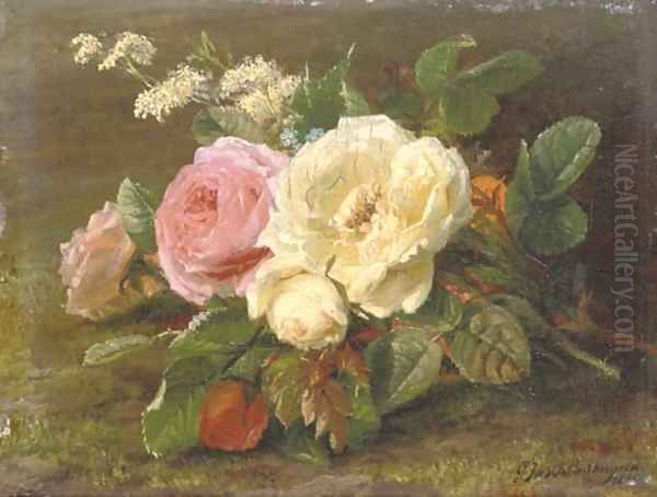 A bunch of pink and white roses Oil Painting by Geraldine Jacoba Van De Sande Bakhuyzen