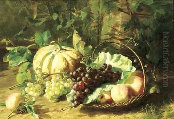 Peaches, grapes and a pumpkin in a sunny corner of a vegetable garden Oil Painting by Geraldine Jacoba Van De Sande Bakhuyzen