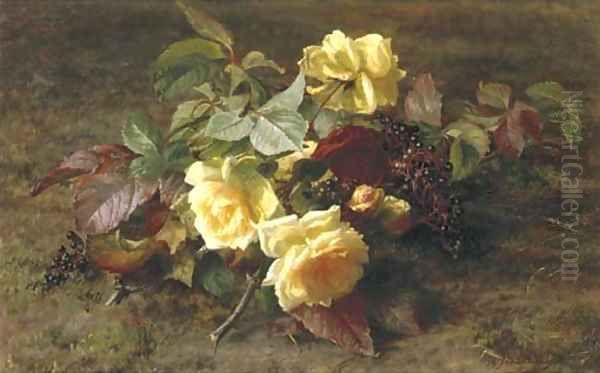 Yellow roses and elderberries on a forest floor 2 Oil Painting by Geraldine Jacoba Van De Sande Bakhuyzen