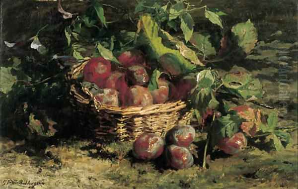 A still life with plums in a basket Oil Painting by Geraldine Jacoba Van De Sande Bakhuyzen