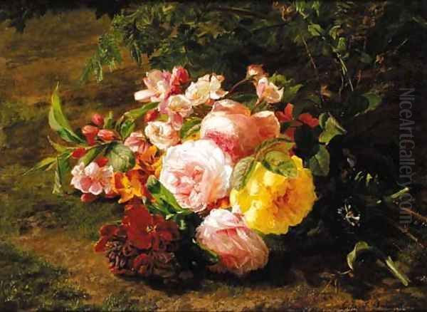 Roses, violets and apple blossom on a forest floor Oil Painting by Geraldine Jacoba Van De Sande Bakhuyzen