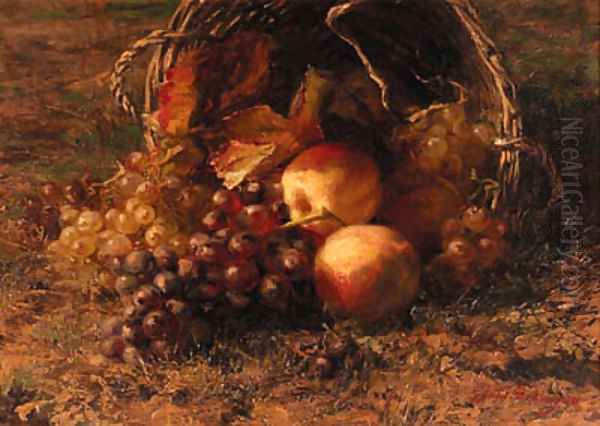 Grapes and apples in an overturned basket on a forest floor Oil Painting by Geraldine Jacoba Van De Sande Bakhuyzen