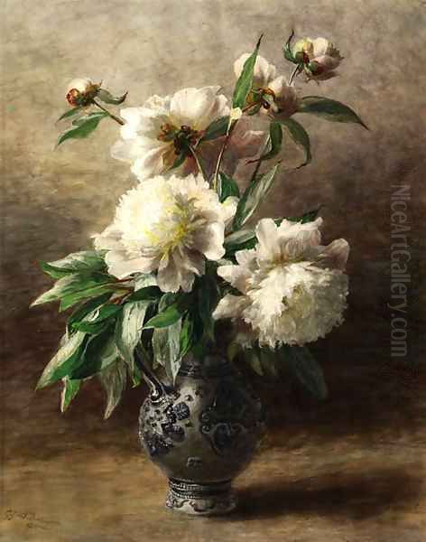 Peonies in a German stoneware jug Oil Painting by Geraldine Jacoba Van De Sande Bakhuyzen