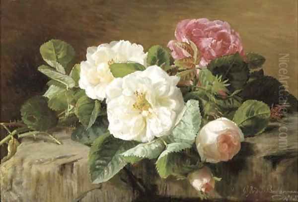 Pink and white roses Oil Painting by Geraldine Jacoba Van De Sande Bakhuyzen