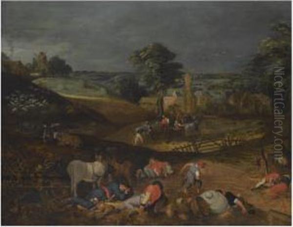 Landscape With Peasants 
Harvesting, While Others Rest In Theforeground, Or 'the Devil Sewing 
Tares' Oil Painting by Peeter Baltens