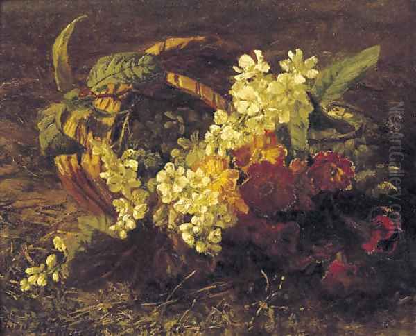 Cherryblossem and primroses in a basket Oil Painting by Geraldine Jacoba Van De Sande Bakhuyzen