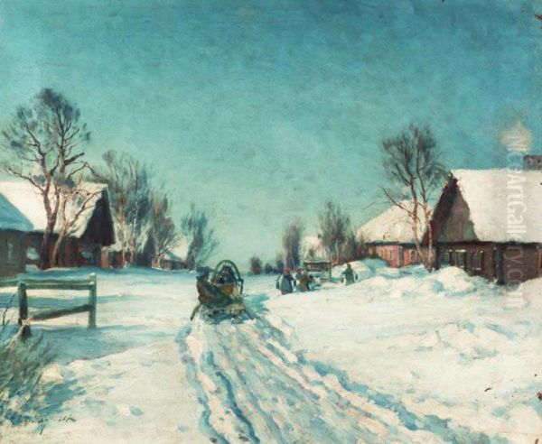 Village In Winter Oil Painting by Mikhail Abramovich Balunin