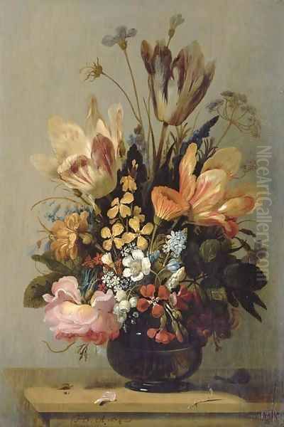 Tulips, a rose, bluebells and other flowers in a glass vase on a wooden ledge, with a snail and a caterpillar Oil Painting by Hans Bollongier