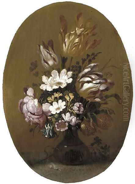 Parrot tulips, roses and other flowers in a glass vase with a snail on a table Oil Painting by Hans Bollongier