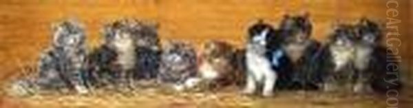 Parade Of Cats. Signed. Oil On Panel. 40 X 12ins Oil Painting by Bessie, Betsie Bamber