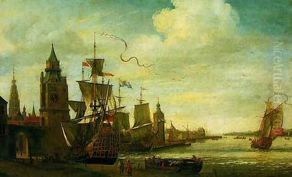 A capriccio view of the port of Antwerp 1673 Oil Painting by Jan Karel Donatus van Beecq