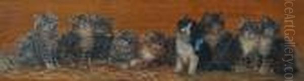 Nine Kittens Seated In A Row, And Another, Seven Kittens Oil Painting by Bessie, Betsie Bamber