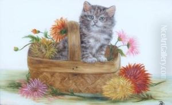 A Kitten In A Basket Of Flowers Oil Painting by Bessie, Betsie Bamber