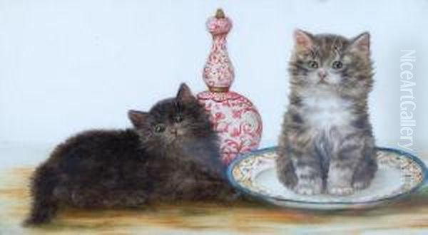 Two Kittens With A Plate And Ginger Jar Oil Painting by Bessie, Betsie Bamber