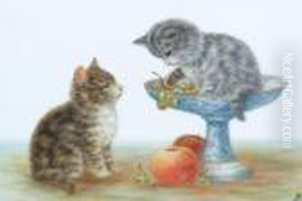 Two Kittens Playing With A Bowl Of Fruit Oil Painting by Bessie, Betsie Bamber