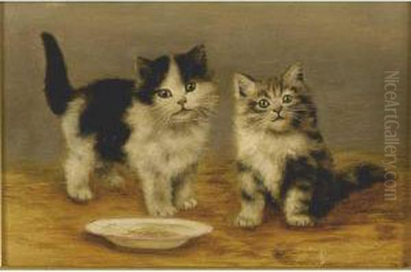 Two Kittens And Bowl Tea Time Oil Painting by Bessie, Betsie Bamber