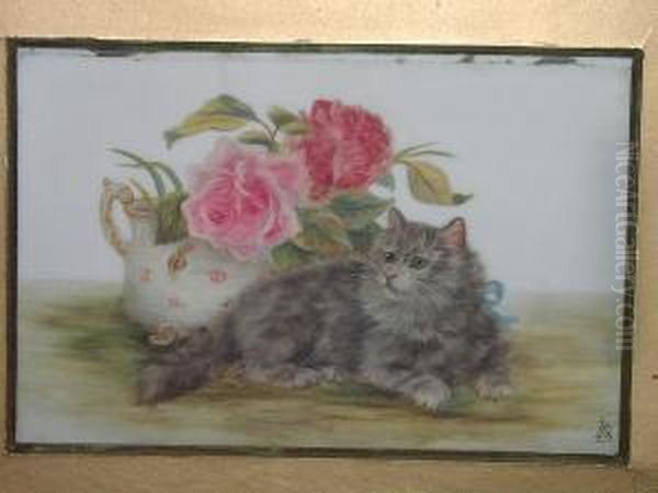 A Long Haired Cat, Before A Vase Of Roses Oil Painting by Bessie, Betsie Bamber