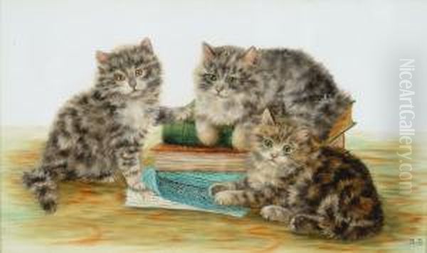 Three Kittens With A Pile Of Books Oil Painting by Bessie, Betsie Bamber