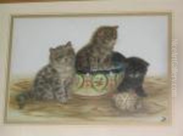 Three Kittens And A Porcelain Bowl Oil Painting by Bessie, Betsie Bamber