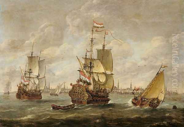 Hollandische Kriegsschiffe vor Amsterdam Oil Painting by Jan Karel Donatus van Beecq