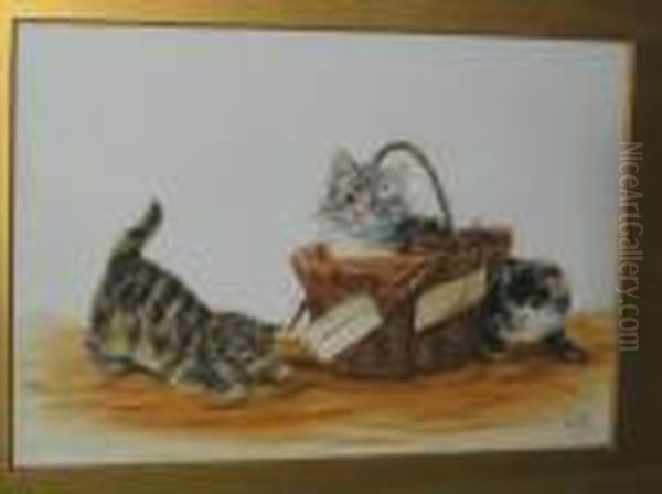 Three Kittens Playing In A Basket Oil Painting by Bessie, Betsie Bamber