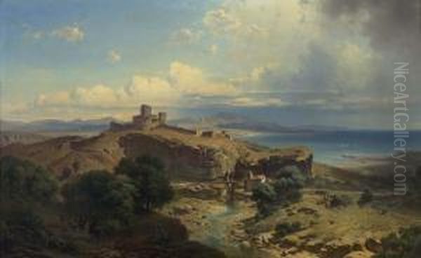 Coastal Landscape With View Of A Castle. Oil Painting by Friedrich Bamberger