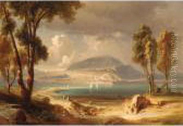 Italian Lake View Oil Painting by Friedrich Bamberger