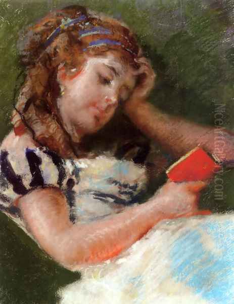 A Young Girl Reading Oil Painting by Mose Bianchi