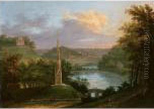 View Of The Park At Stourhead With Figures By The Monument Oil Painting by Coplestone Warre Bampfylde