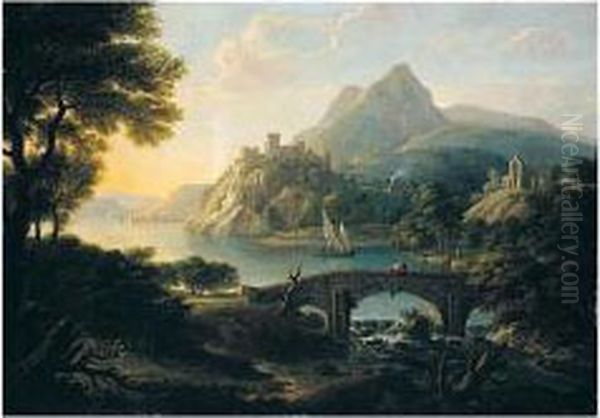 Claudian Landscape With A Castle, Abbey, Bridge And Mountains Oil Painting by Coplestone Warre Bampfylde