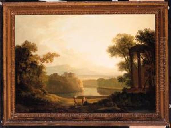 Figures In A Classical Wooded Lake Landscape Oil Painting by Coplestone Warre Bampfylde