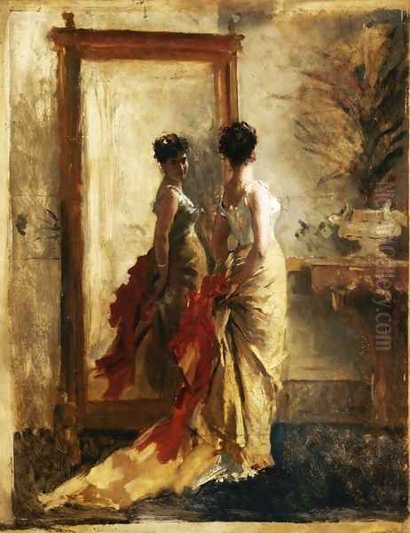 Woman in front of a Mirror Oil Painting by Mose Bianchi