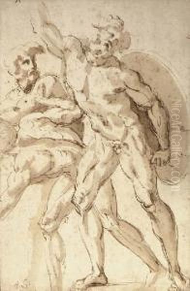 A Nude Warrior With A Shield Reaching Up To The Left, Two Crouching Nudes To The Left Oil Painting by Baccio Bandinelli