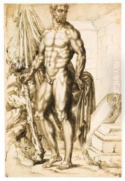 Hercules Turned To The Left, Leaning On A Club, Holding Drapery, Bythe Ruins Of A Temple
With Inscriptions 'del Paserotti' And 'di Baccio' 
Pen And Brown Ink Over Stylus Indications ,watermark Crowned Shield Oil Painting by Baccio Bandinelli