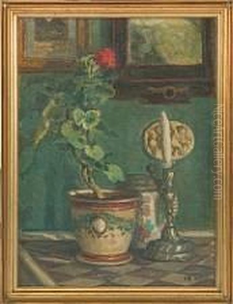 Still Life With A Plant, A Candlestick And A Jug On A Table Oil Painting by Vilhelmine Maria Bang