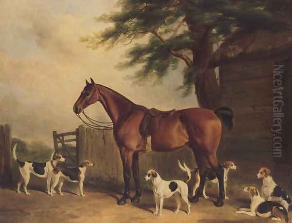 A Chestnut hunter with the Badminton Hounds Oil Painting by William Barraud