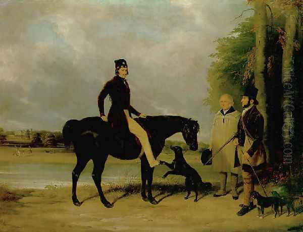 Richard Crawshay, on a black pony, talking to a gamekeeper and another man, with dogs, in the grounds of Ottershaw Park, Chertsey 1838 Oil Painting by William Barraud