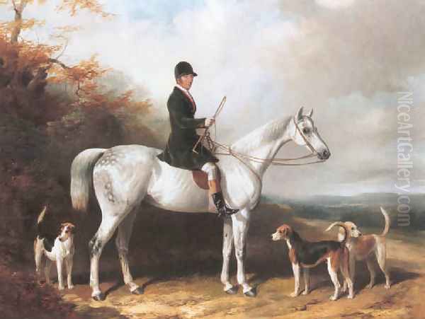 William Long, huntsman to the Beaufort, on his grey hunter 'Bertha' with three hounds 1847 Oil Painting by William Barraud