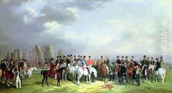 The Wiltshire great coursing meeting held at Amesbury, 16th-20th March 1847, with Stonehenge beyond Oil Painting by William Barraud