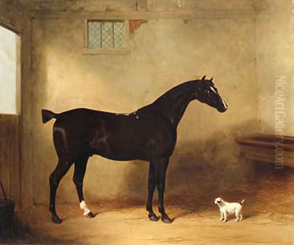 A Bay Hunter and Dog in a Stable Oil Painting by William Barraud