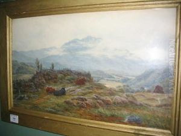 Highland Cattle Resting In A Mountain Landscape Oil Painting by John James Bannatyne