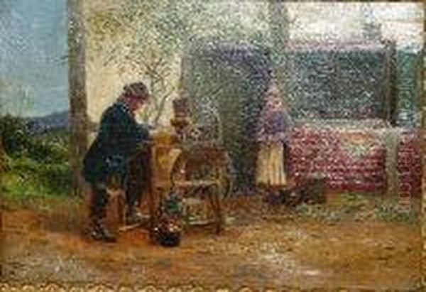 Active - 19th Century Oil On 
Canvas Jenre Scene Depicting Trademan At His Wheel Figure In Background 
Signed Lower Right 24cm X 35cm Oil Painting by Alfred Banner