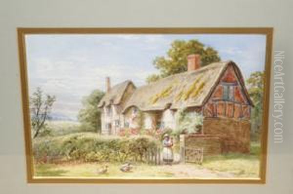 Feeding The Ducks On A Rural Path Beside A Thatched Cottage Oil Painting by Alfred Banner