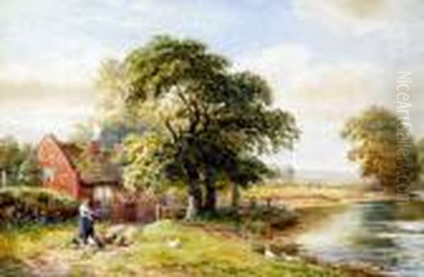 Feeding The Chickens. On A Rural Path Beside A Meandering River Oil Painting by Alfred Banner