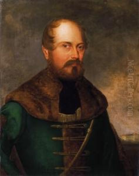 Portrait Of A Hungarian Nobleman, With A Castle In The Background Oil Painting by Miklos Barabas