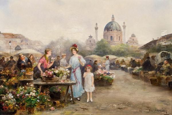 Der Alte Wiener Naschmarkt Vor Der Karlskirche Oil Painting by Emil Barbarini