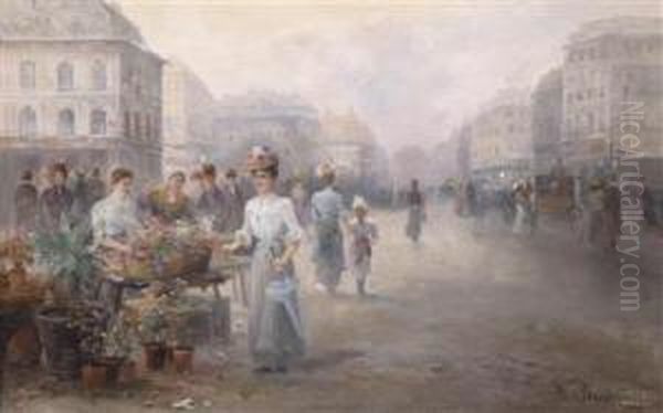 Flower Market In Brussels Oil Painting by Emil Barbarini