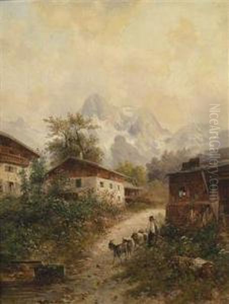 A Scene In The Lofer Region, The Seinberge, A Mountain Range, In The Background Oil Painting by Emil Barbarini