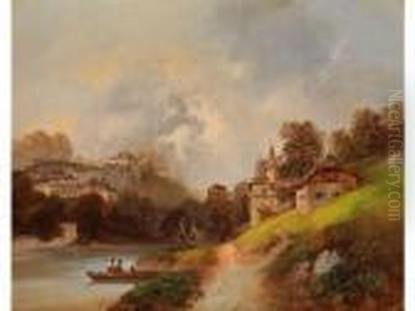 Alpenlandschaft Mit Fluss, Burg Undvillengebaude Oil Painting by Emil Barbarini